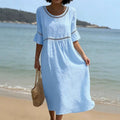 Relaxed Linen Summer Midi Dress with Hollow Out Detail and Flared Sleeves