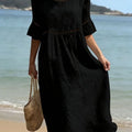 Relaxed Linen Summer Midi Dress with Hollow Out Detail and Flared Sleeves