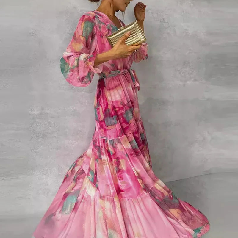 Women's Wedding Guest Dress | Maxi Floral V-Neck Long Sleeve Tiered