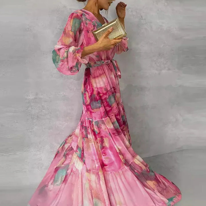 Women's Wedding Guest Dress | Maxi Floral V-Neck Long Sleeve Tiered