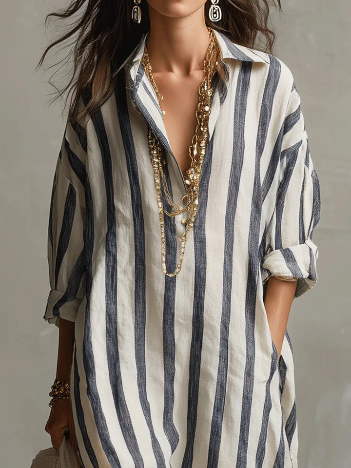 Striped Oversized Linen Shirt Casual Maxi Dress