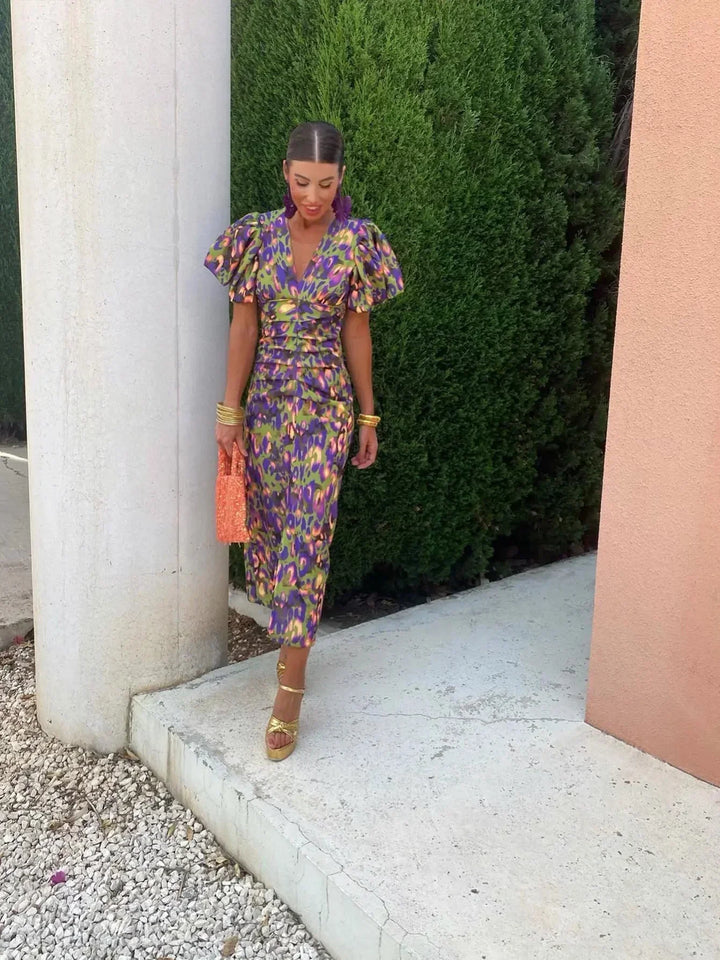Vibrant Midi Dress with Puff Sleeves