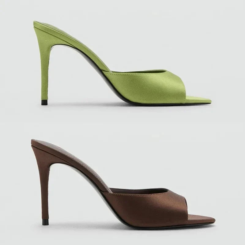 Satin High Heel Mules with Open Toe for Women