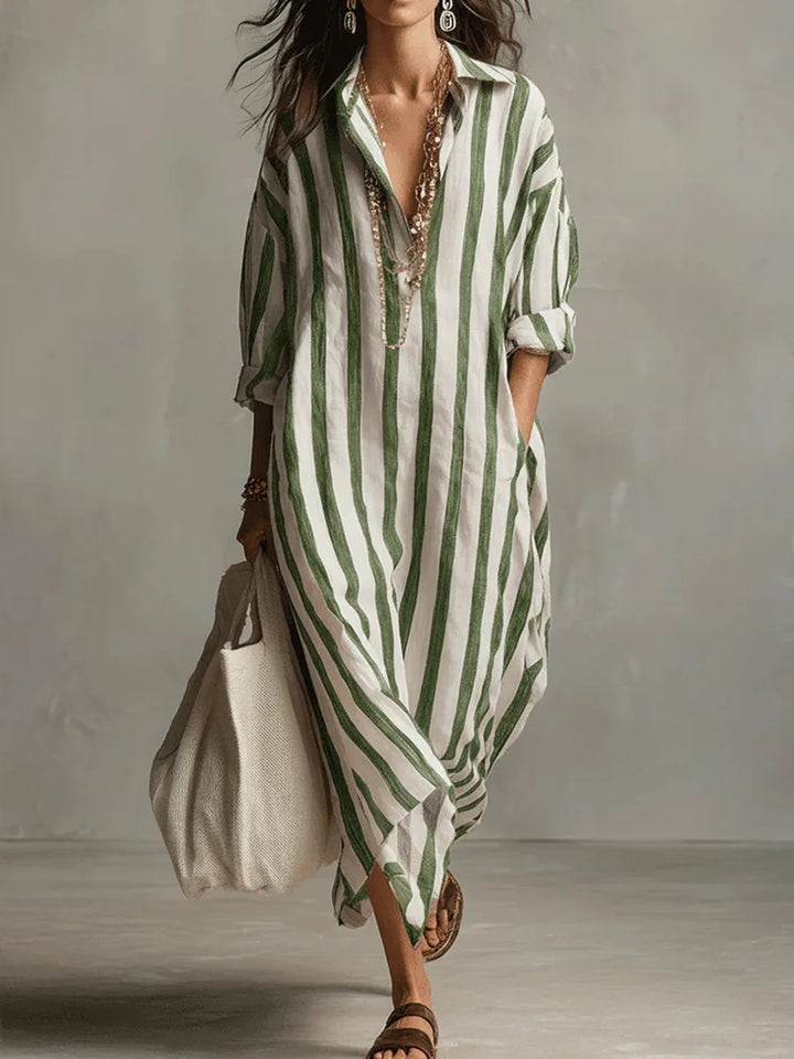 Striped Oversized Linen Shirt Casual Maxi Dress