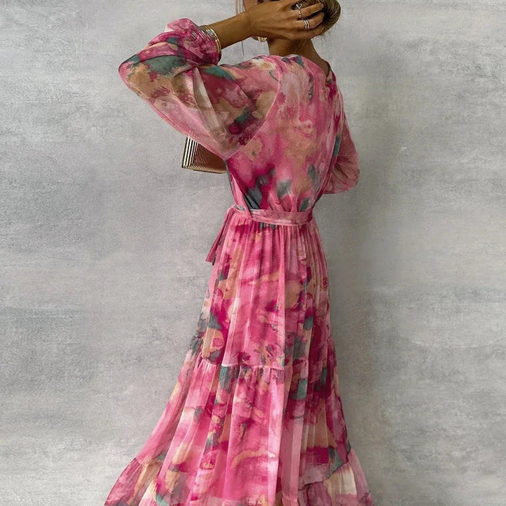 Women's Wedding Guest Dress | Maxi Floral V-Neck Long Sleeve Tiered