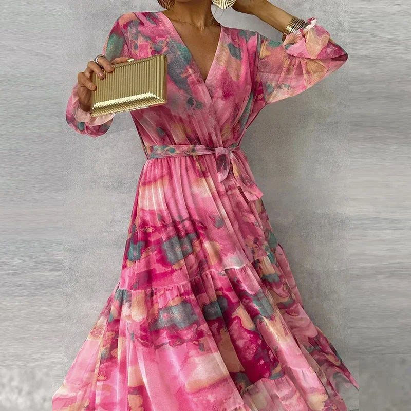 Women's Wedding Guest Dress | Maxi Floral V-Neck Long Sleeve Tiered