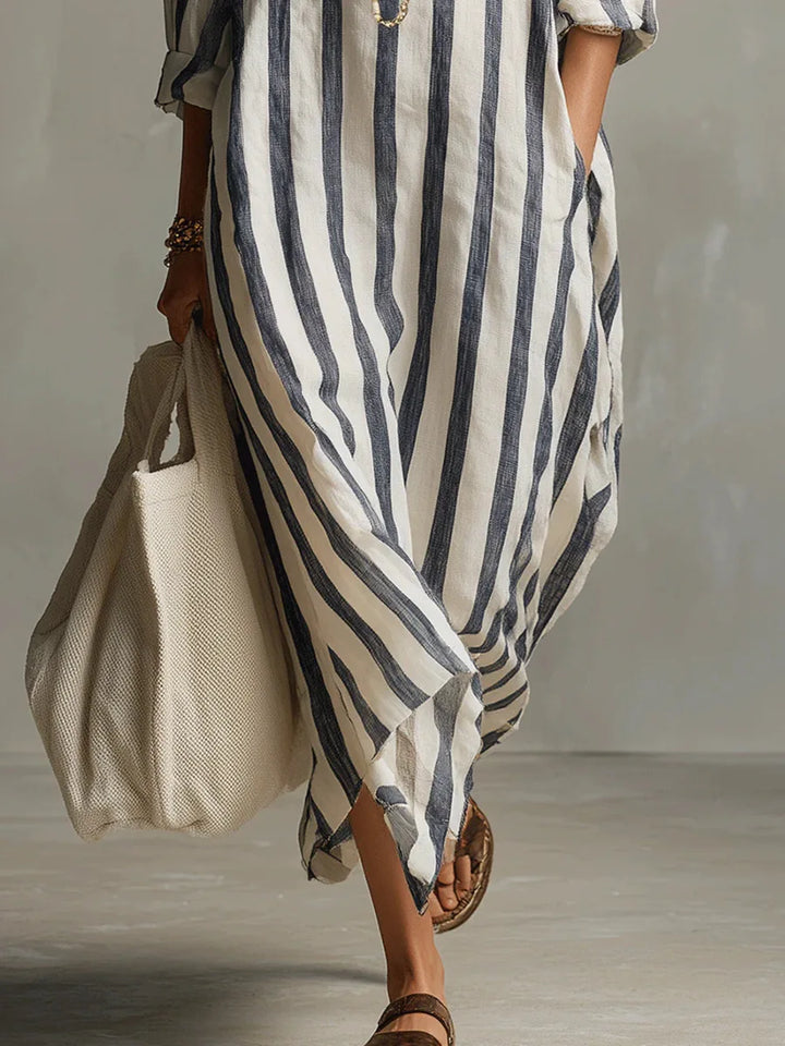 Striped Oversized Linen Shirt Casual Maxi Dress
