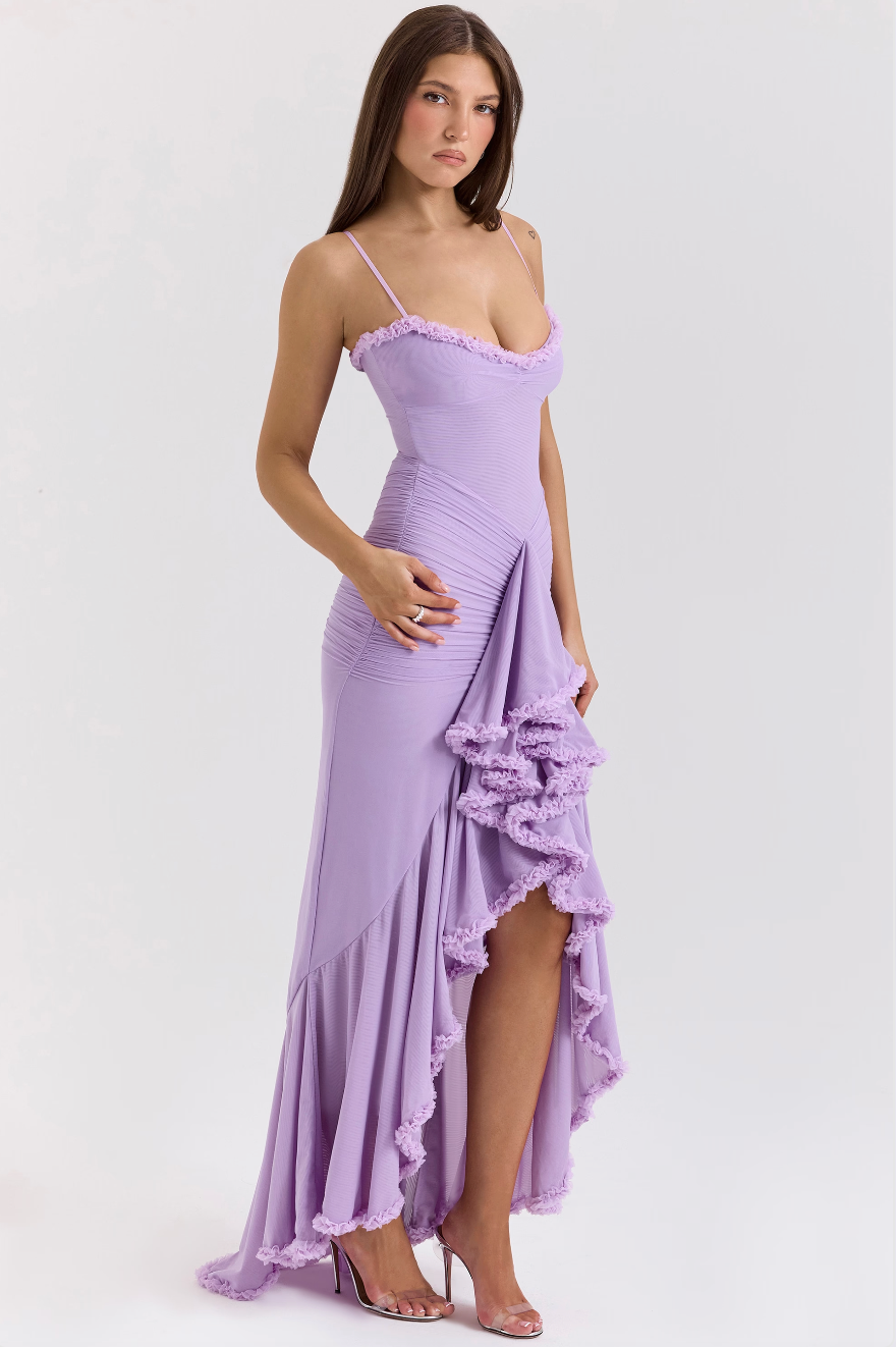 Ruched Ruffle Dovetail Party Dress