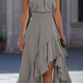 Ruched Pleated Square Neck Midi Dresses