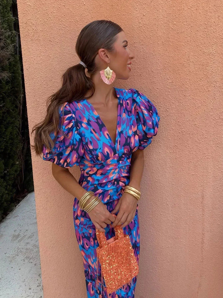 Vibrant Midi Dress with Puff Sleeves