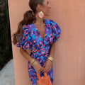 Vibrant Midi Dress with Puff Sleeves