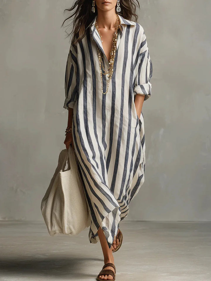 Striped Oversized Linen Shirt Casual Maxi Dress