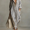 Striped Oversized Linen Shirt Casual Maxi Dress