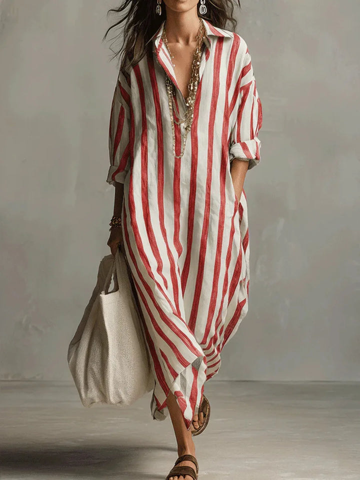 Striped Oversized Linen Shirt Casual Maxi Dress