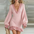 Women's Sweater Dress | V Neck Leopard Ruffle Knit