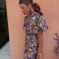 Vibrant Midi Dress with Puff Sleeves