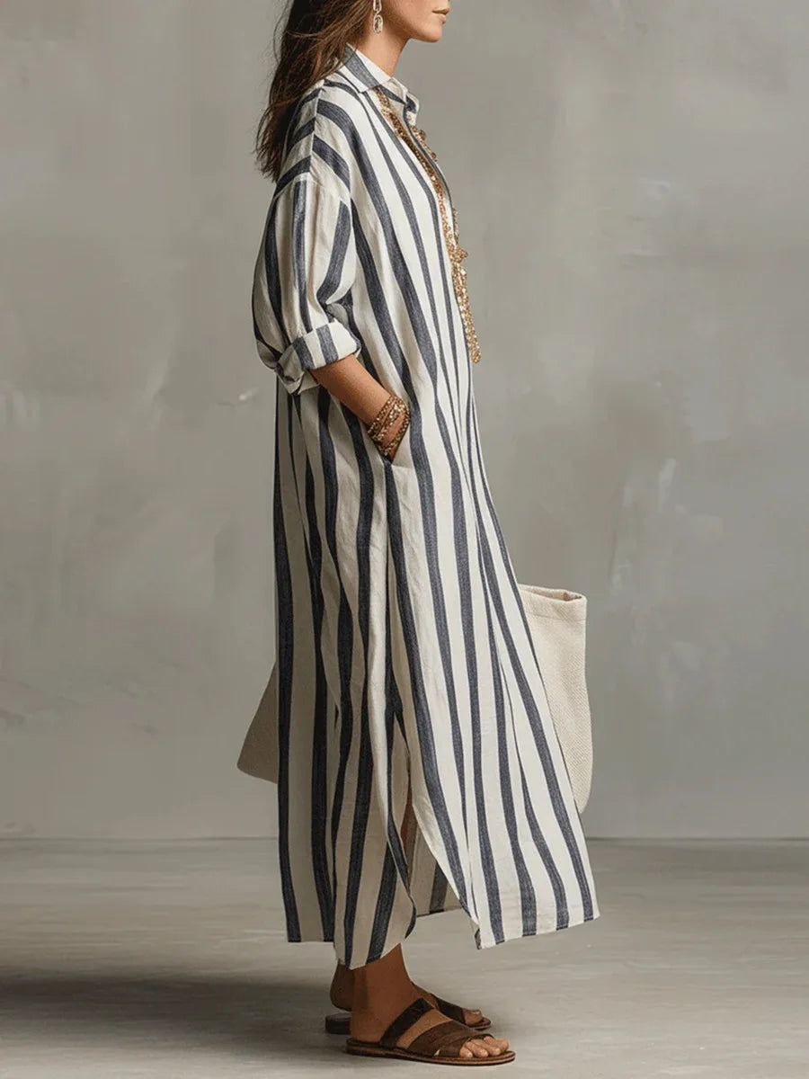 Striped Oversized Linen Shirt Casual Maxi Dress
