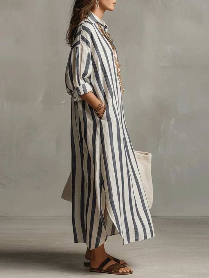 Striped Oversized Linen Shirt Casual Maxi Dress