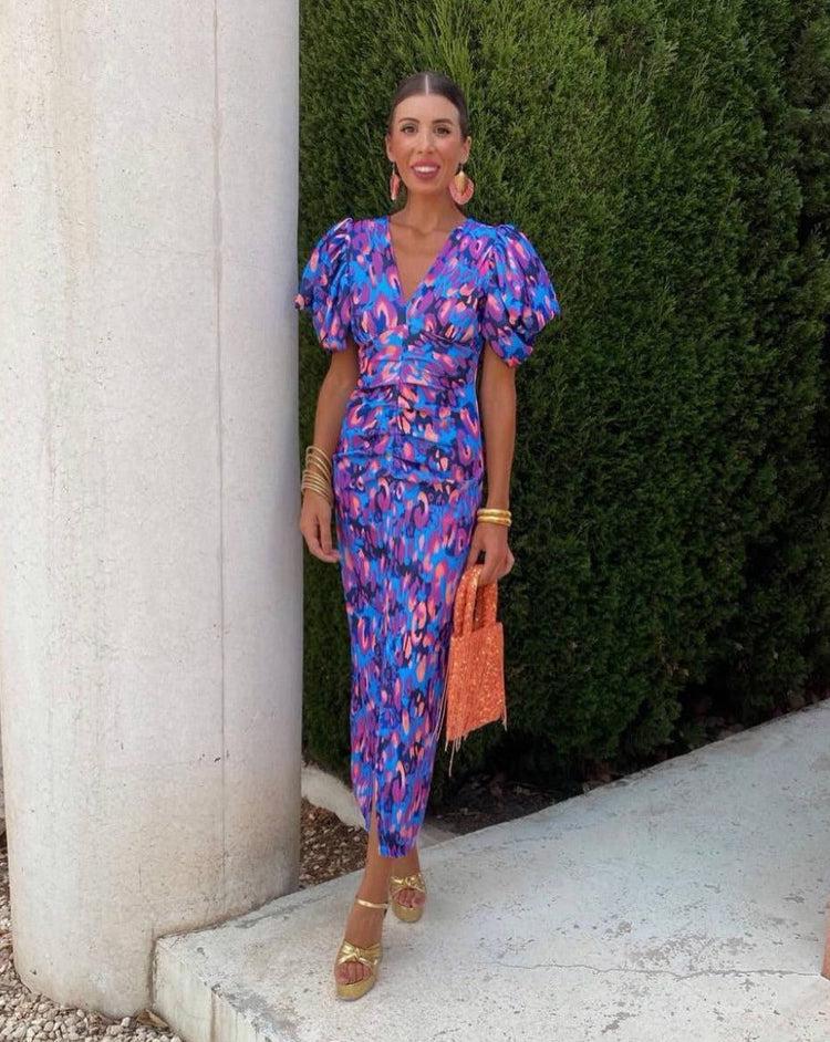 Vibrant Midi Dress with Puff Sleeves