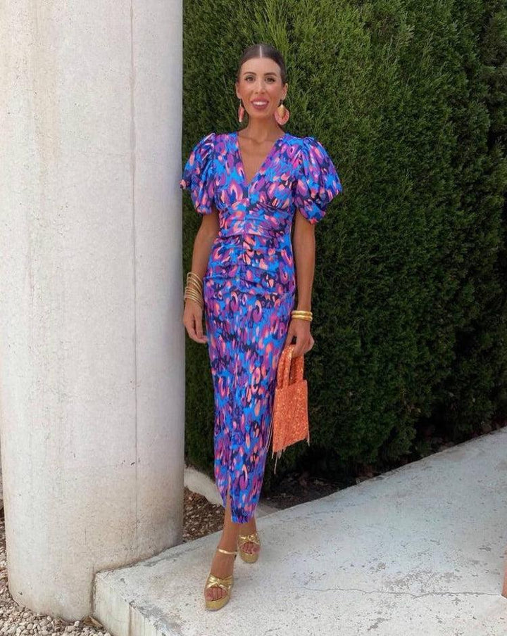 Vibrant Midi Dress with Puff Sleeves