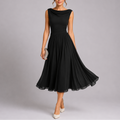 Women's Elegant Pleated Midi Dress with Draped Neckline