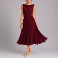 Women's Elegant Pleated Midi Dress with Draped Neckline
