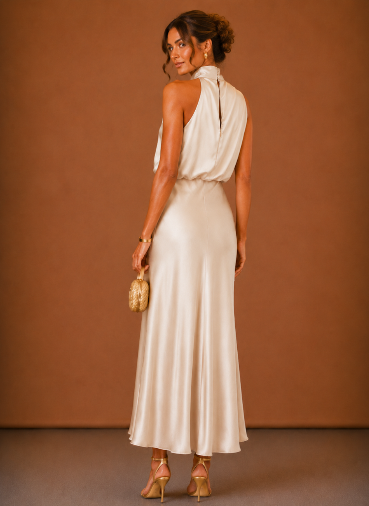 Women's Satin Halter Maxi Dress – Elegant Wedding Guest | Areleon