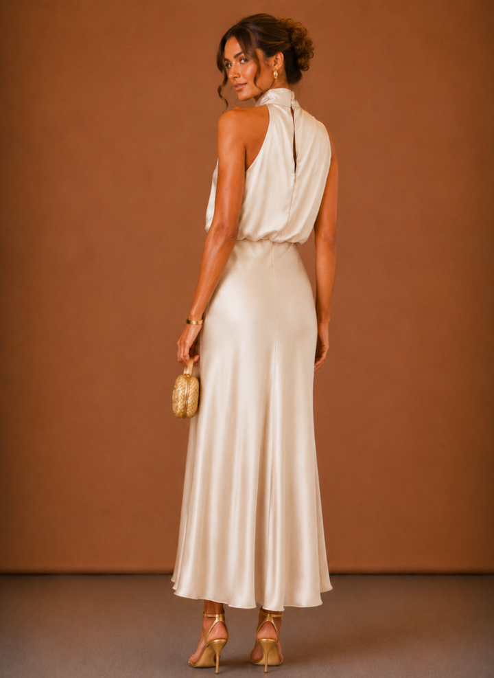 Women's Satin Halter Maxi Dress – Elegant Wedding Guest | Areleon