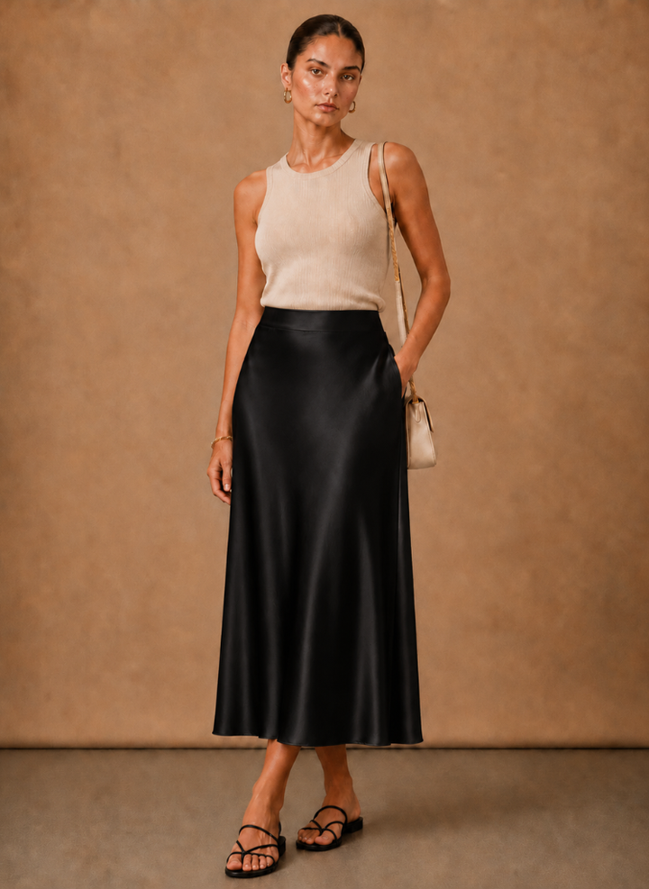 Women's Satin Midi Skirt – Elegant A-Line Flowing | Areleon