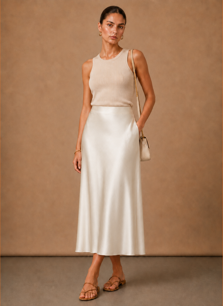 Women's Satin Midi Skirt – Elegant A-Line Flowing | Areleon