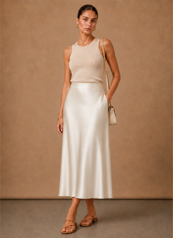 Women's Satin Midi Skirt – Elegant A-Line Flowing | Areleon