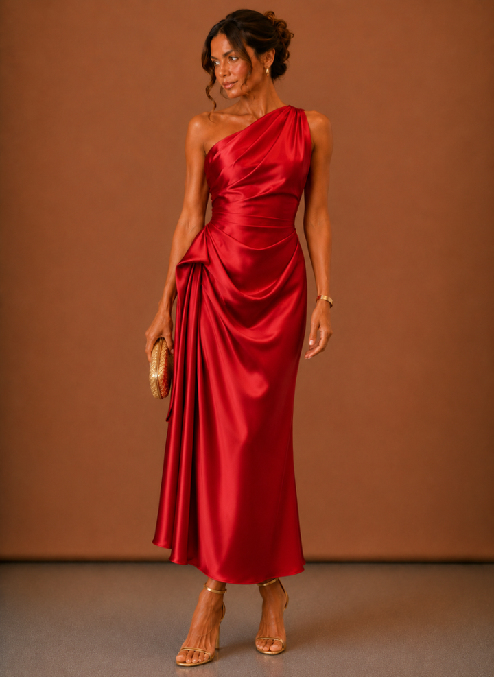 Women’s Satin One Shoulder Midi Dress – Elegant Wedding Guest | Areleon