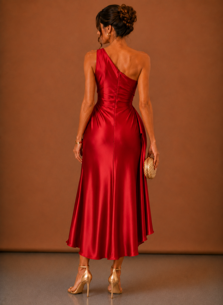 Women’s Satin One Shoulder Midi Dress – Elegant Wedding Guest | Areleon