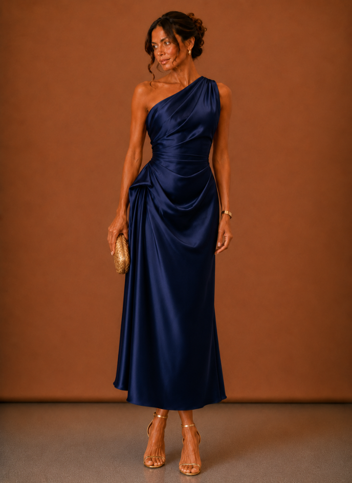 Women’s Satin One Shoulder Midi Dress – Elegant Wedding Guest | Areleon