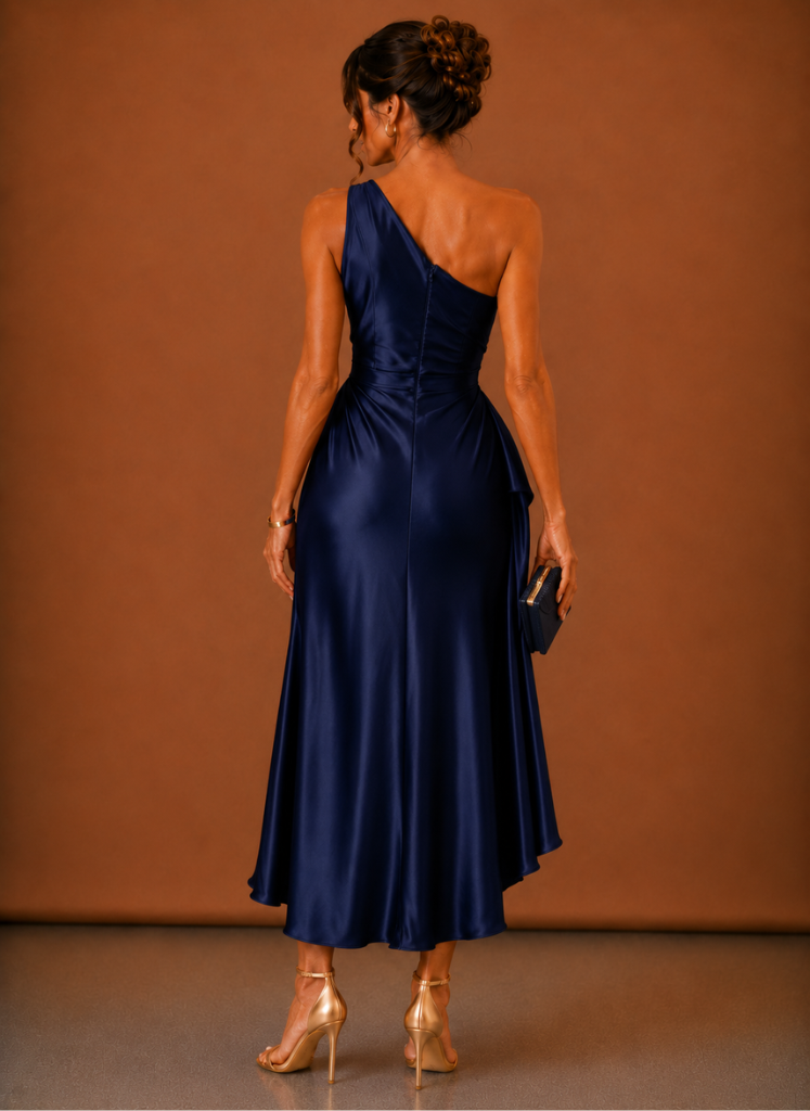 Women’s Satin One Shoulder Midi Dress – Elegant Wedding Guest | Areleon