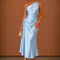 Women’s Satin One Shoulder Midi Dress – Elegant Wedding Guest | Areleon