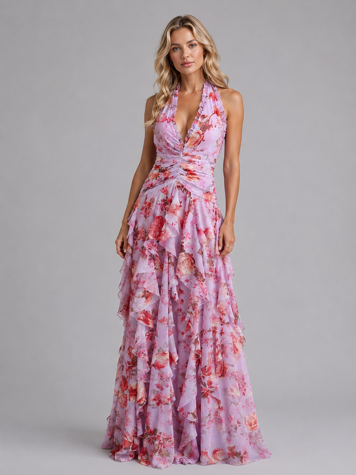 Women's Wedding Guest Dress | Maxi Halter Floral Tiered