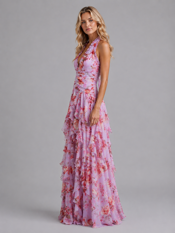 Women's Wedding Guest Dress | Maxi Halter Floral Tiered