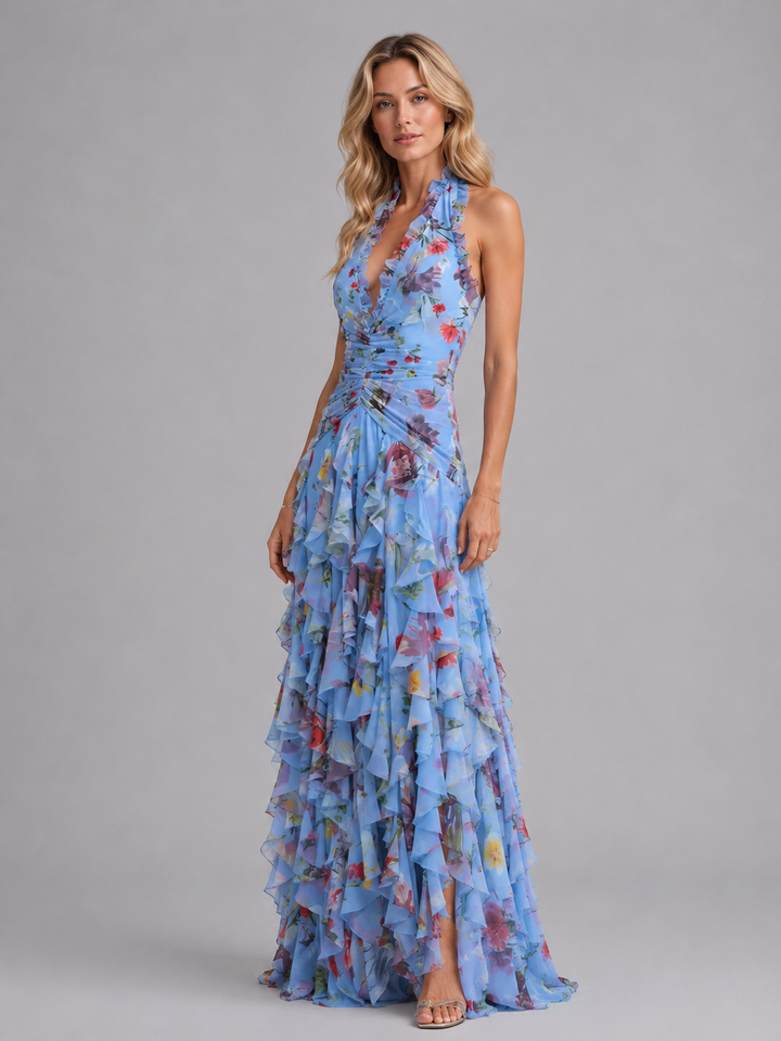 Women's Wedding Guest Dress | Maxi Halter Floral Tiered