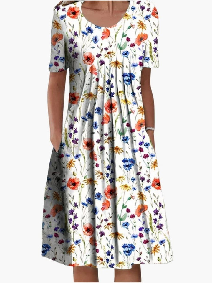 Women's Floral Print Summer Midi Dress With Ruffle Hem and Side Pockets