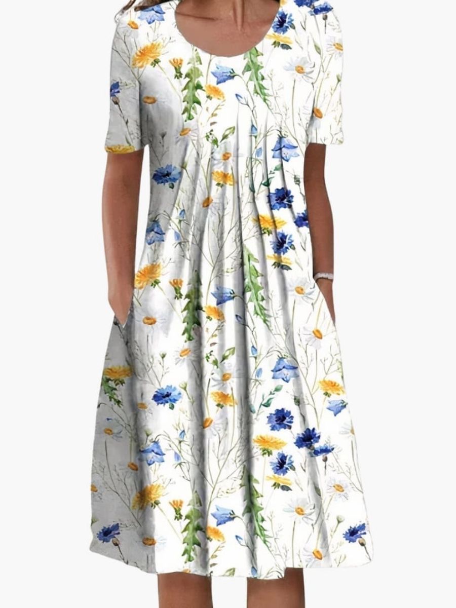 Women's Floral Print Summer Midi Dress With Ruffle Hem and Side Pockets