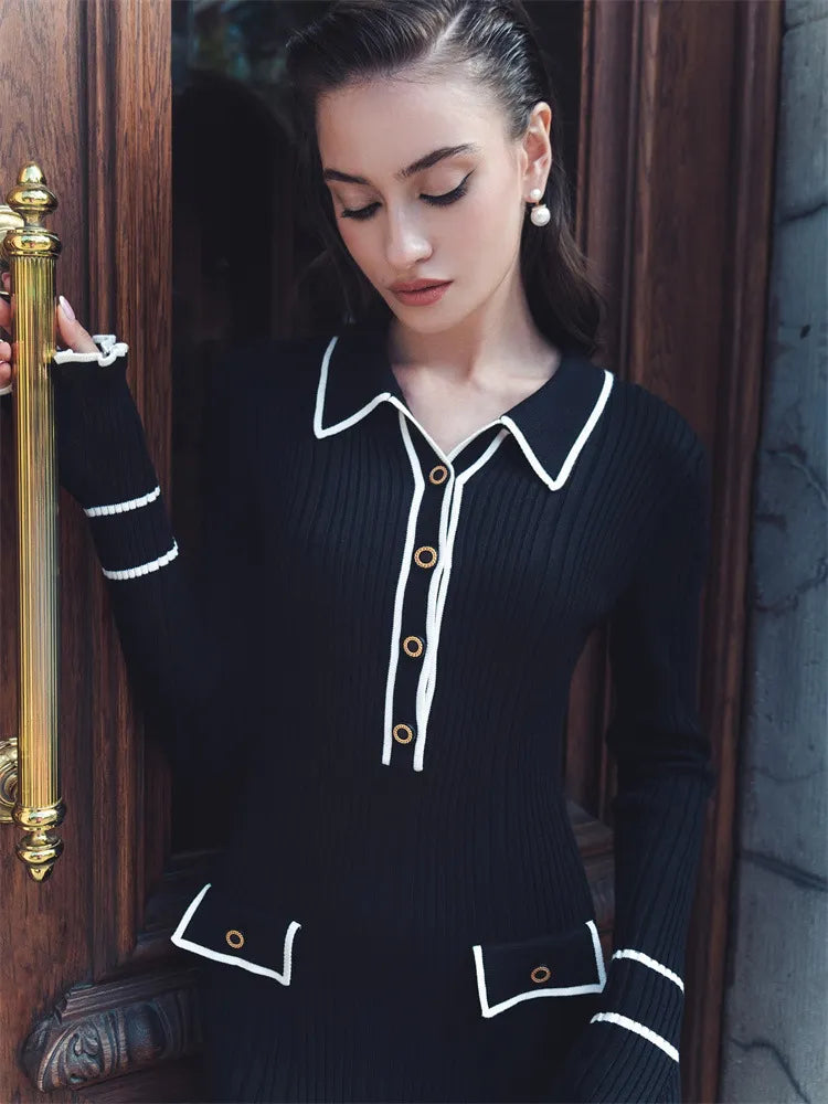 Women's Long Sleeve Dress Ribbed Collar | Maxi Style