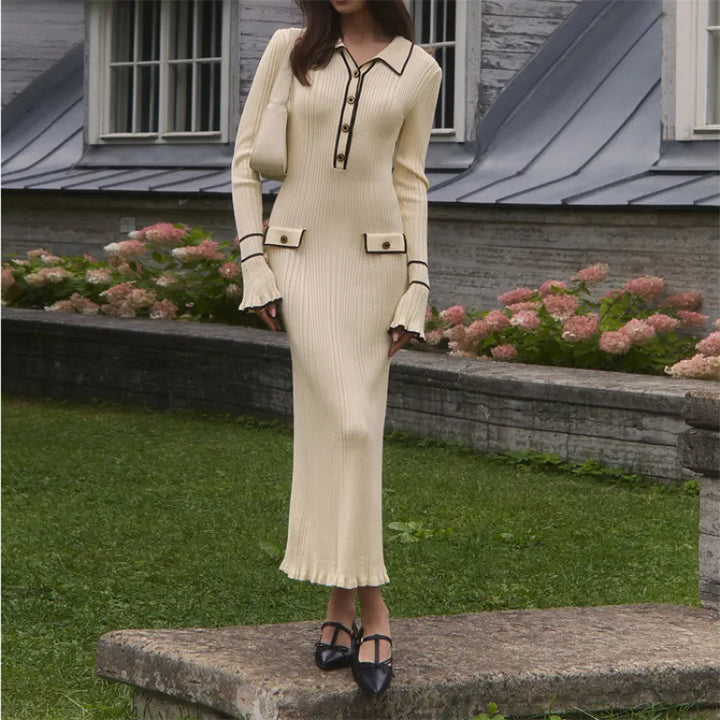 Women's Long Sleeve Dress Ribbed Collar | Maxi Style