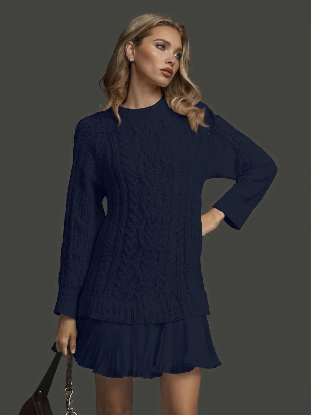 Women's Winter Dress Cable Knit with Pleated Hem | Long Sleeve