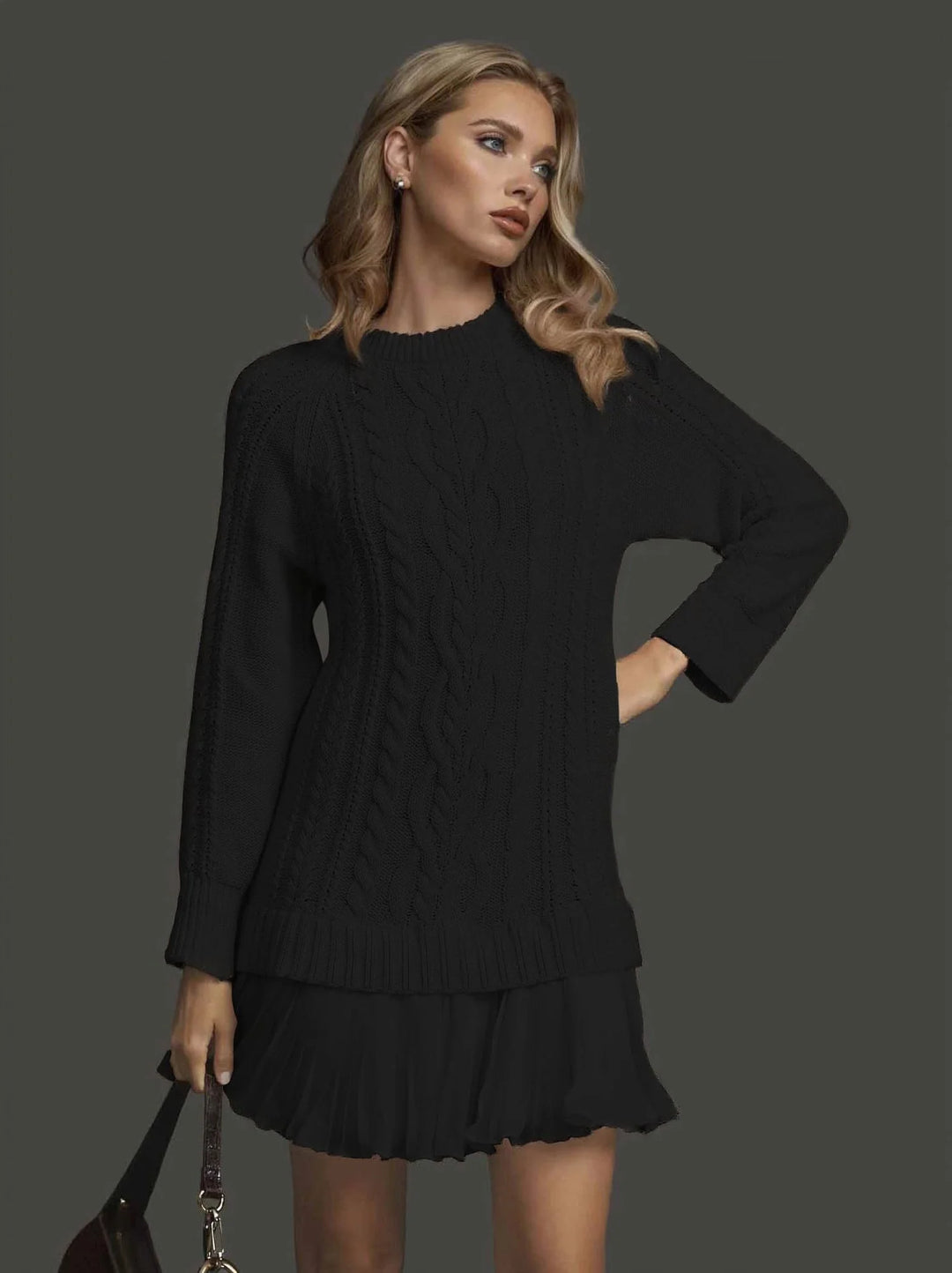 Women's Winter Dress Cable Knit with Pleated Hem | Long Sleeve