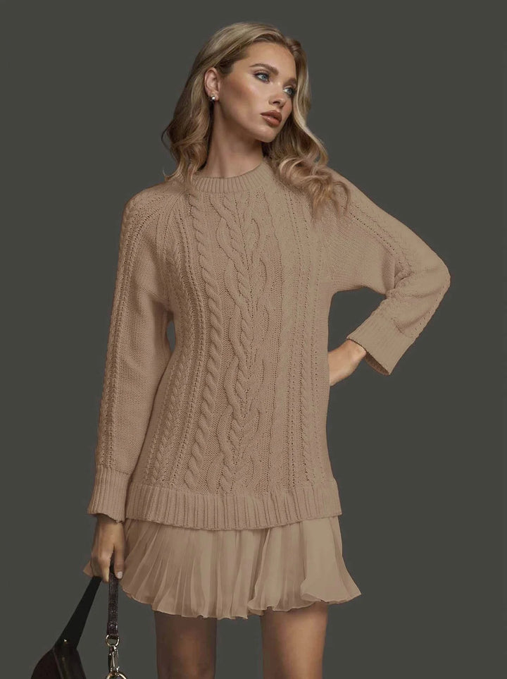Women's Winter Dress Cable Knit with Pleated Hem | Long Sleeve