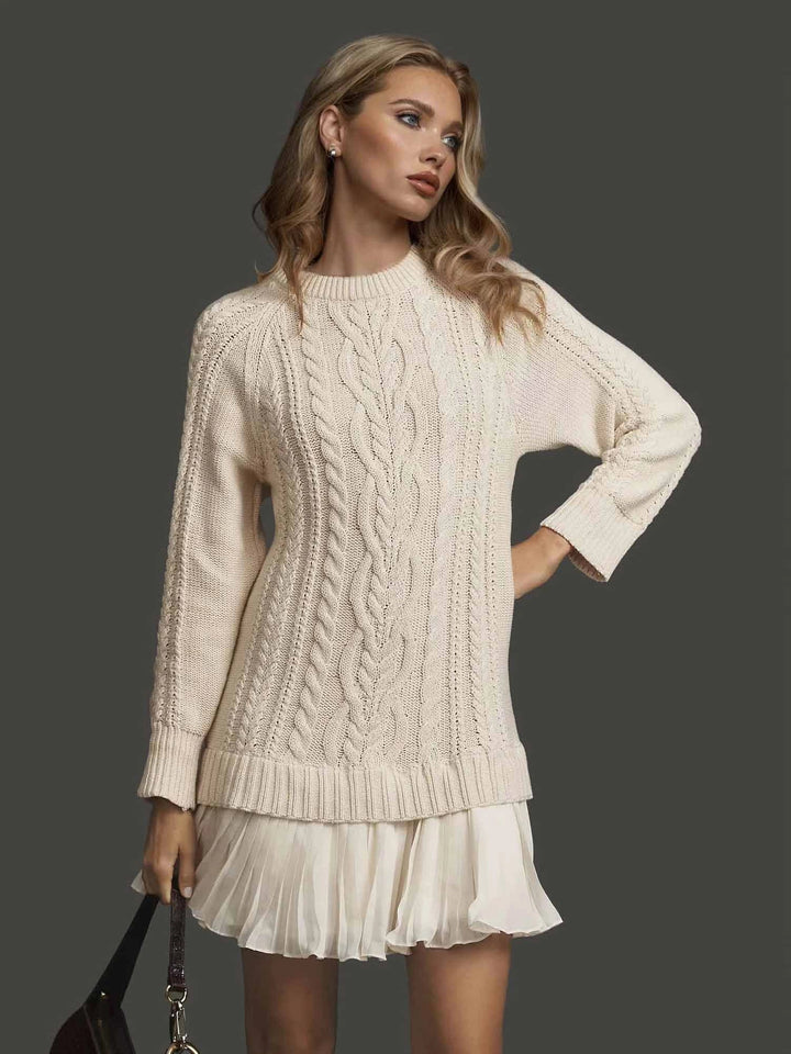 Women's Winter Dress Cable Knit with Pleated Hem | Long Sleeve