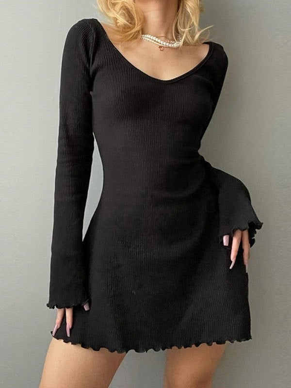 Women's Winter Knit Dress with Ruffle Hem & Long Sleeve | Mini
