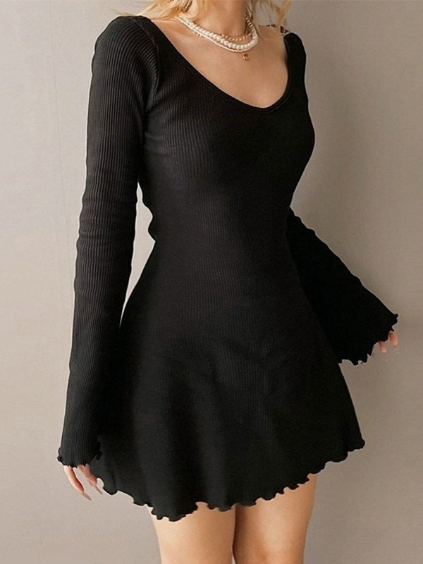 Women's Winter Knit Dress with Ruffle Hem & Long Sleeve | Mini