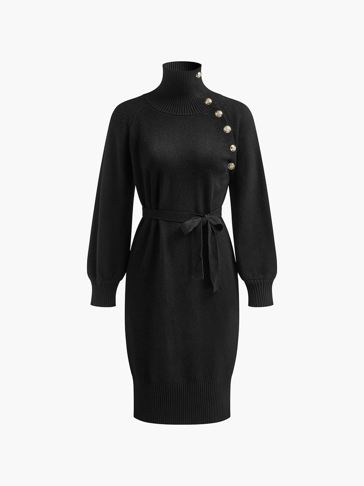 Women's Winter Knit Dress with Turtle Neck & Belted Waist | Midi